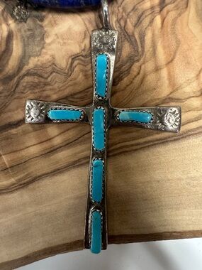 Turquoise Inlay Silver Cross Pendant